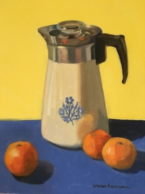 Corningware and Oranges on Blue Cloth
