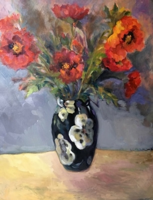 Poppies in  Black And White Floral Vase
