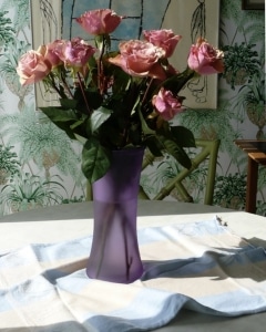 Pink Roses in Lavender Vase